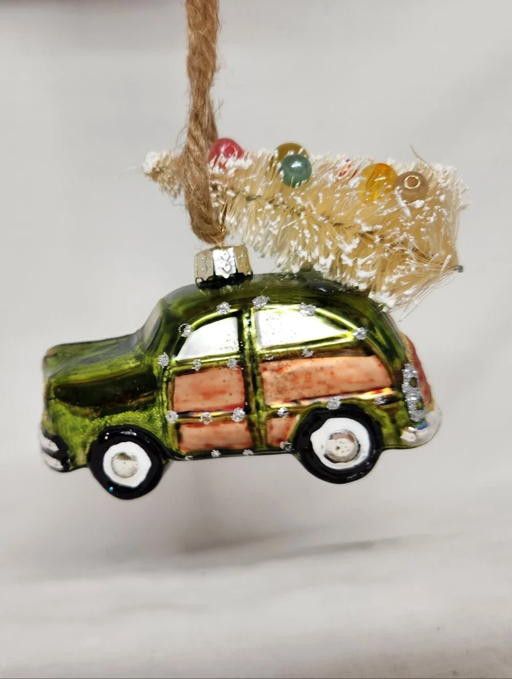 Vintage Styled Green Wooden Wagon Tree on Roof Blown Glass Hanging Ornament